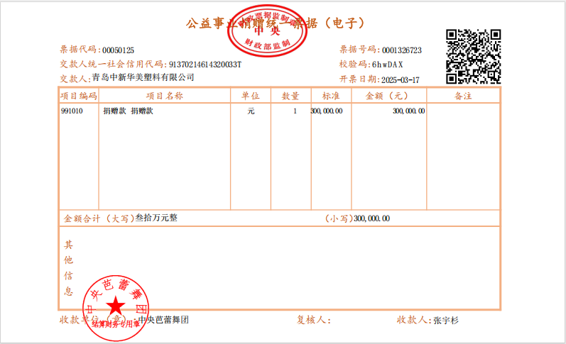 青島中新華美塑料有限公司捐贈(zèng)30萬元，攜手中央芭蕾舞團(tuán)共筑藝術(shù)未來